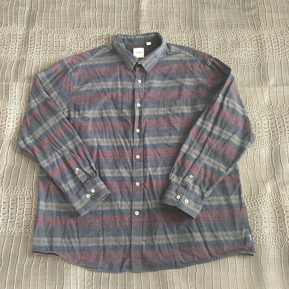 ROWM Flannel Shirt Mens 2XL Maroon Blue Stripe Flannel Long Sleeve Button Up - Picture 5 of 11